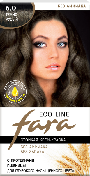 Fara Стойкая крем-краска для волос Eco Line 6.0 - Темно-русый Фото Fara Стойкая крем-краска для волос Eco Line 6.0 - Темно-русый в интернет-магазине производителя краски для волос «Русская Косметика».