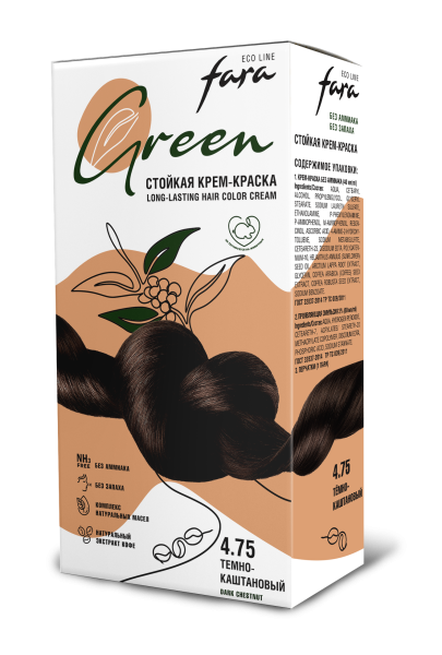 Fara Стойкая крем-краска для волос Eco Line Green 4.75 – темно-каштановый Фото Fara Стойкая крем-краска для волос Eco Line Green 4.75 – темно-каштановый в интернет-магазине производителя краски для волос «Русская Косметика».