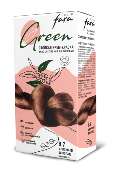 Fara Стойкая крем-краска для волос Eco Line Green 8.7 – молочный шоколад Фото Fara Стойкая крем-краска для волос Eco Line Green 8.7 – молочный шоколад в интернет-магазине производителя краски для волос «Русская Косметика».