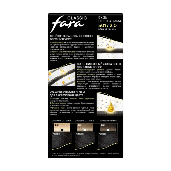 Фото Fara Стойкая крем-краска для волос Classic 501 - Черный в интернет-магазине производителя краски для волос «Русская Косметика».