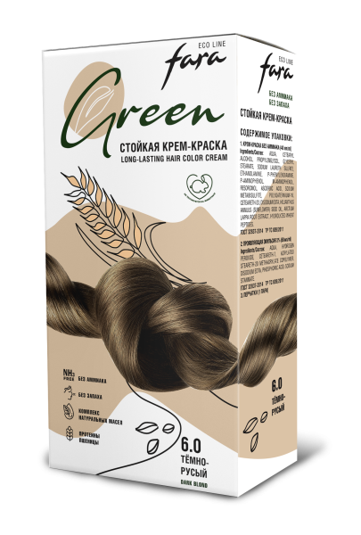 Fara Стойкая крем-краска для волос Eco Line Green 6.0 – темно-русый Фото Fara Стойкая крем-краска для волос Eco Line Green 6.0 – темно-русый в интернет-магазине производителя краски для волос «Русская Косметика».