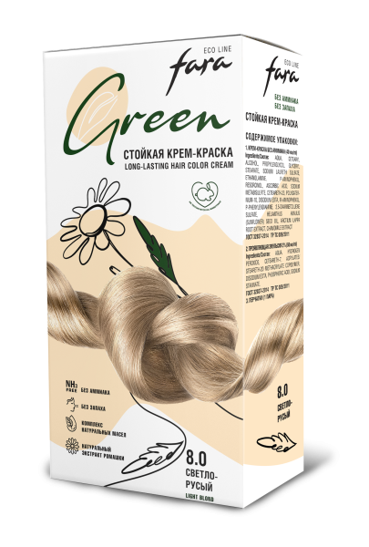 Fara Стойкая крем-краска для волос Eco Line Green 8.0 – светло-русый Фото Fara Стойкая крем-краска для волос Eco Line Green 8.0 – светло-русый в интернет-магазине производителя краски для волос «Русская Косметика».