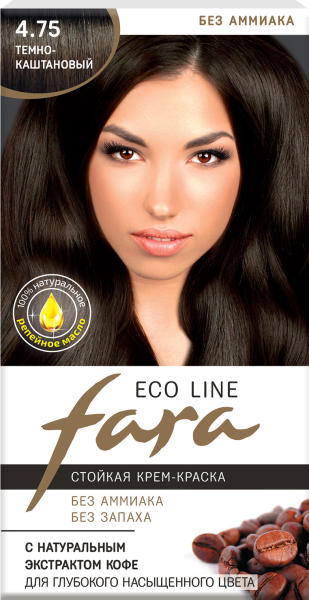 Fara Стойкая крем-краска для волос Eco Line 4.75 - Темно-каштановый Фото Fara Стойкая крем-краска для волос Eco Line 4.75 - Темно-каштановый в интернет-магазине производителя краски для волос «Русская Косметика».