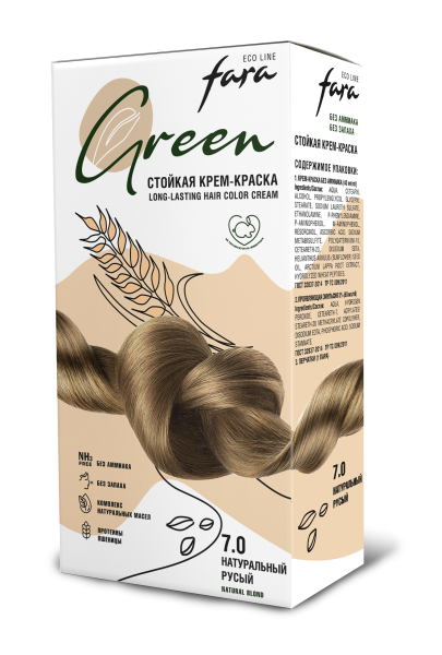 Fara Стойкая крем-краска для волос Eco Line Green 7.0 – натуральный русый Фото Fara Стойкая крем-краска для волос Eco Line Green 7.0 – натуральный русый в интернет-магазине производителя краски для волос «Русская Косметика».